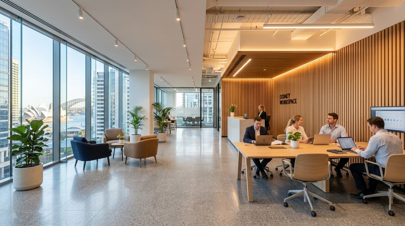 Modern luxury commercial office facility in Sydney with spotless floors and warm architectural lighting