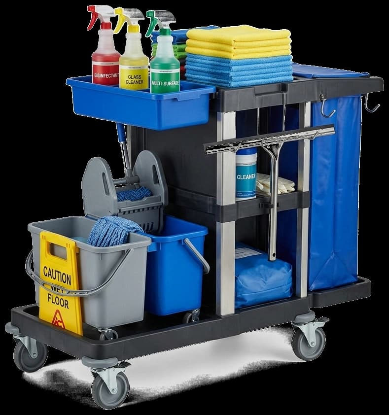 Commercial cleaning janitorial trolley cart with organized sanitizing supplies and microfiber cloths
